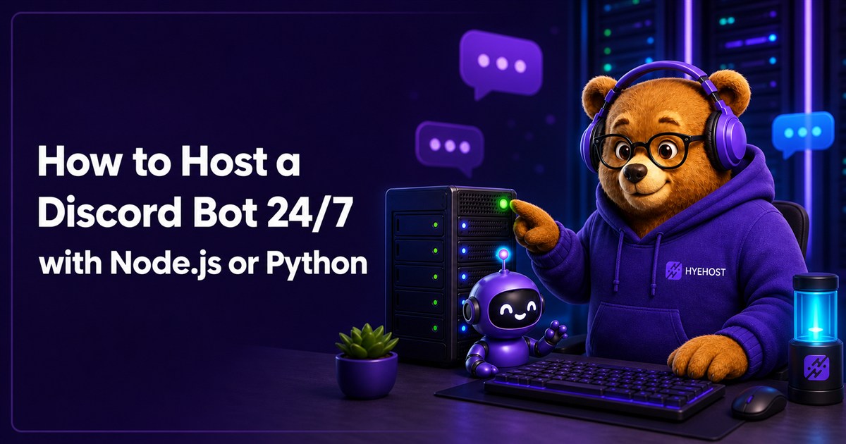 HYEHOST mascot deploying a Discord bot to an always-online server