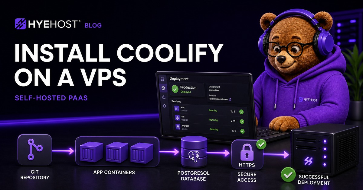 HYEHOST mascot deploying Git applications, containers and PostgreSQL through Coolify on a VPS