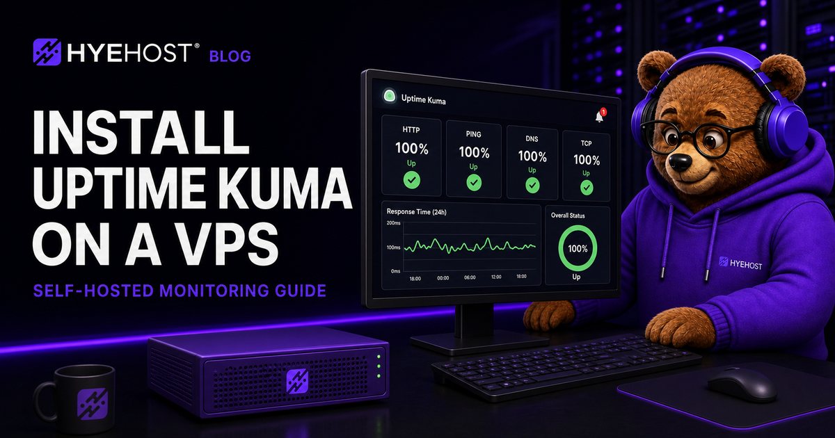 HYEHOST mascot monitoring HTTP, ping, DNS and TCP uptime from an Uptime Kuma dashboard