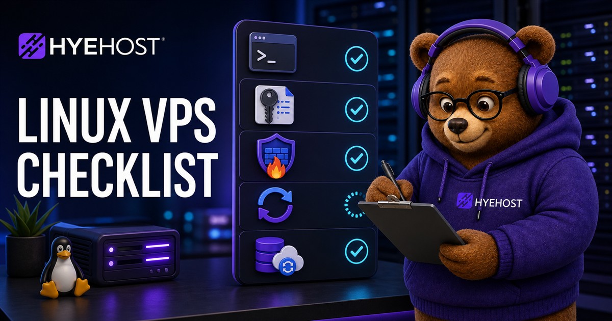 Linux VPS setup checklist dashboard with SSH keys, firewall, updates, Docker, Nginx and backups