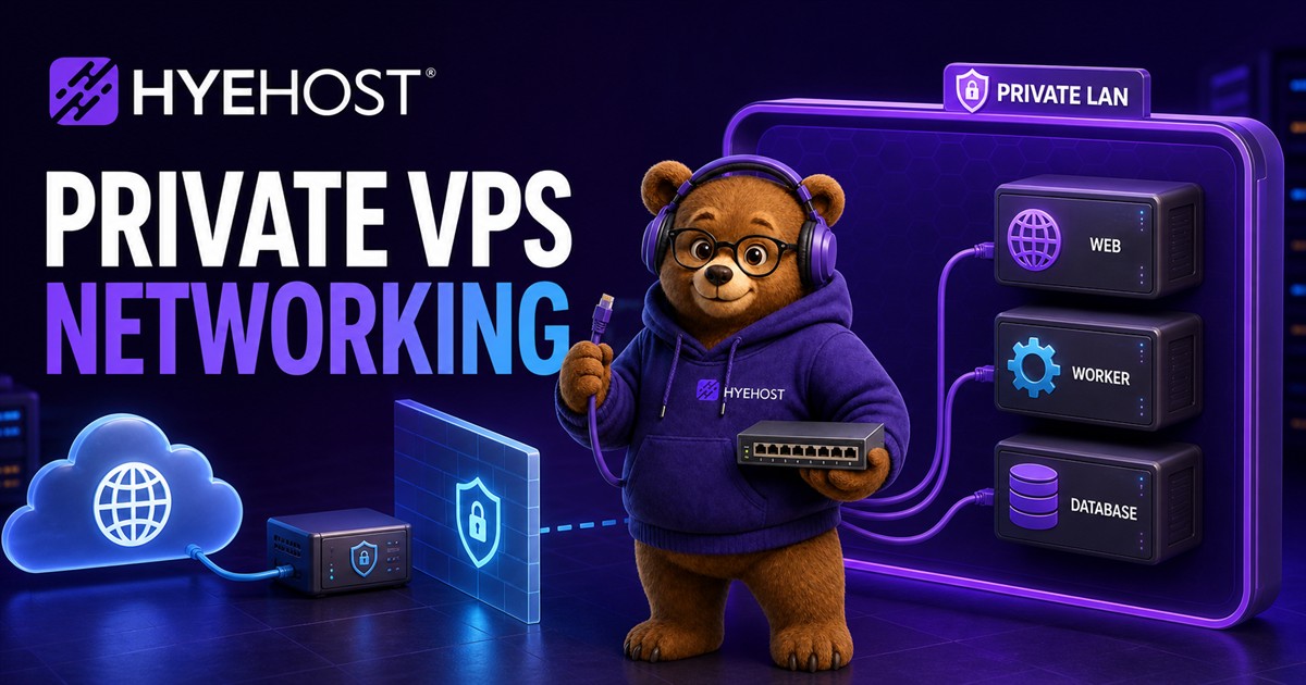 HYEHOST private VPS networking guide showing web database worker monitoring and private LAN connections