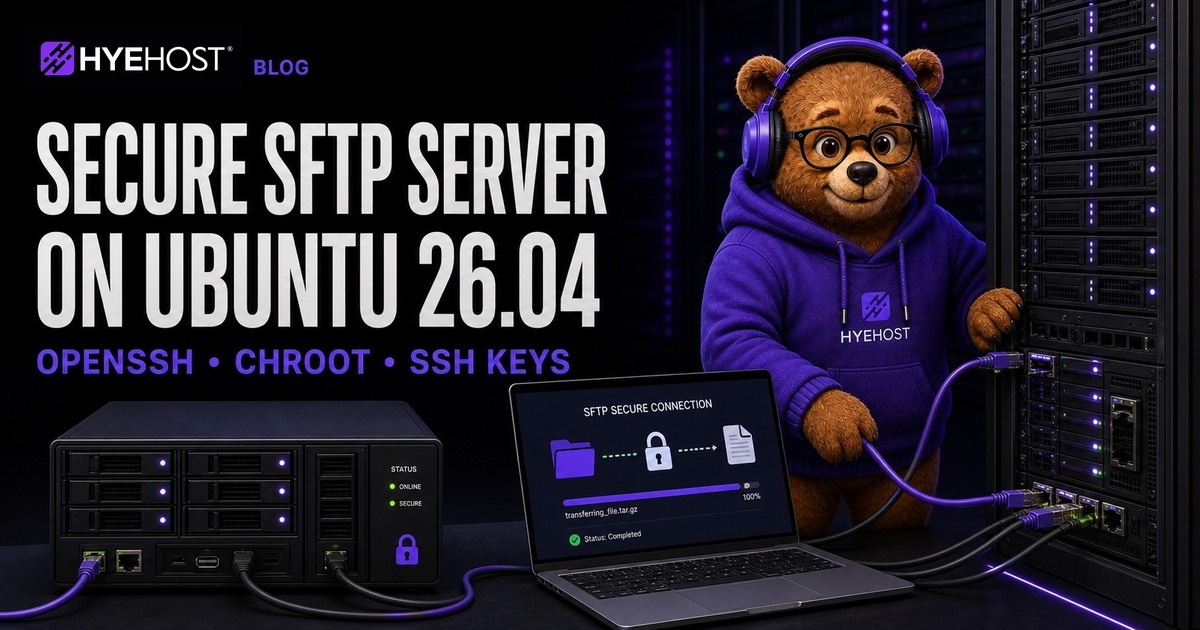 HYEHOST mascot configuring a secure SFTP server on Ubuntu 26.04 with OpenSSH, chroot and SSH keys